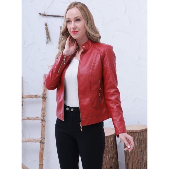 🆕 Women Red Trendy Faux Leather Jacket Moto Short Metal Zipper Fashion PU Coat - Picture 3 of 7